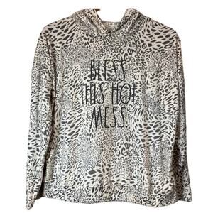 RAE DUNN "Bless This Hot Mess" Small Snow Leopard L/S  Sweatshirt Hoodie Sz M